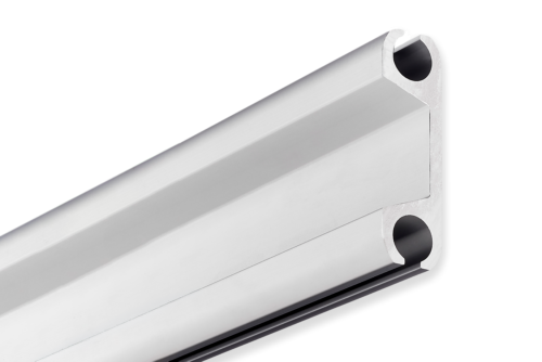 Aluminum double keder rail extrusion from Keder Solutions® featuring two rounded keder channels for connecting tensioned fabric panels, tent structures, awnings, RV applications, and modular fabric systems.