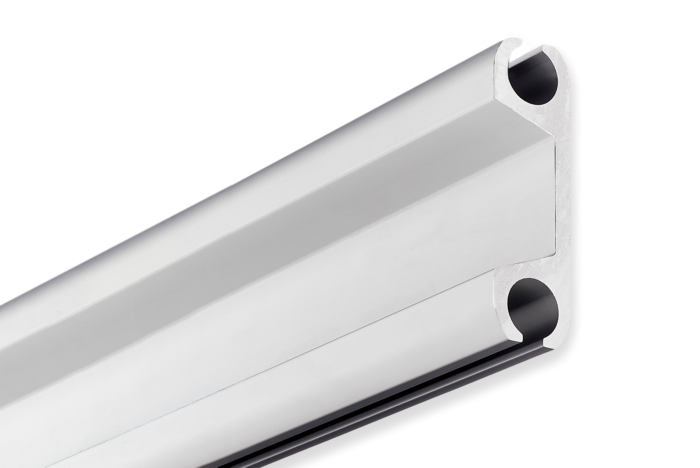 Aluminum double keder rail extrusion from Keder Solutions® featuring two rounded keder channels for connecting tensioned fabric panels, tent structures, awnings, RV applications, and modular fabric systems.