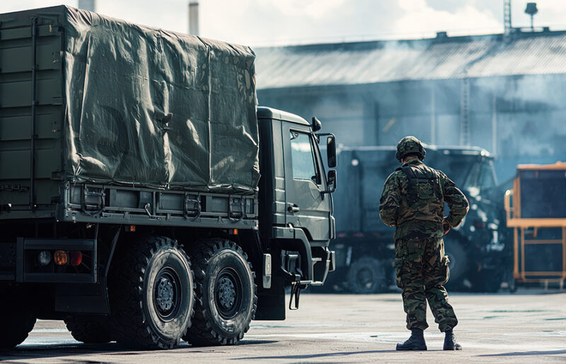 A military vehicle with a green tarp on it, parked in a large, open area with other vehicles and machinery in the background. Military, Government & Berry Amendment
