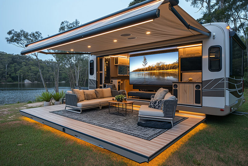 Luxurious RV with Extended Patio Overlooking Calm Lake During Sunset