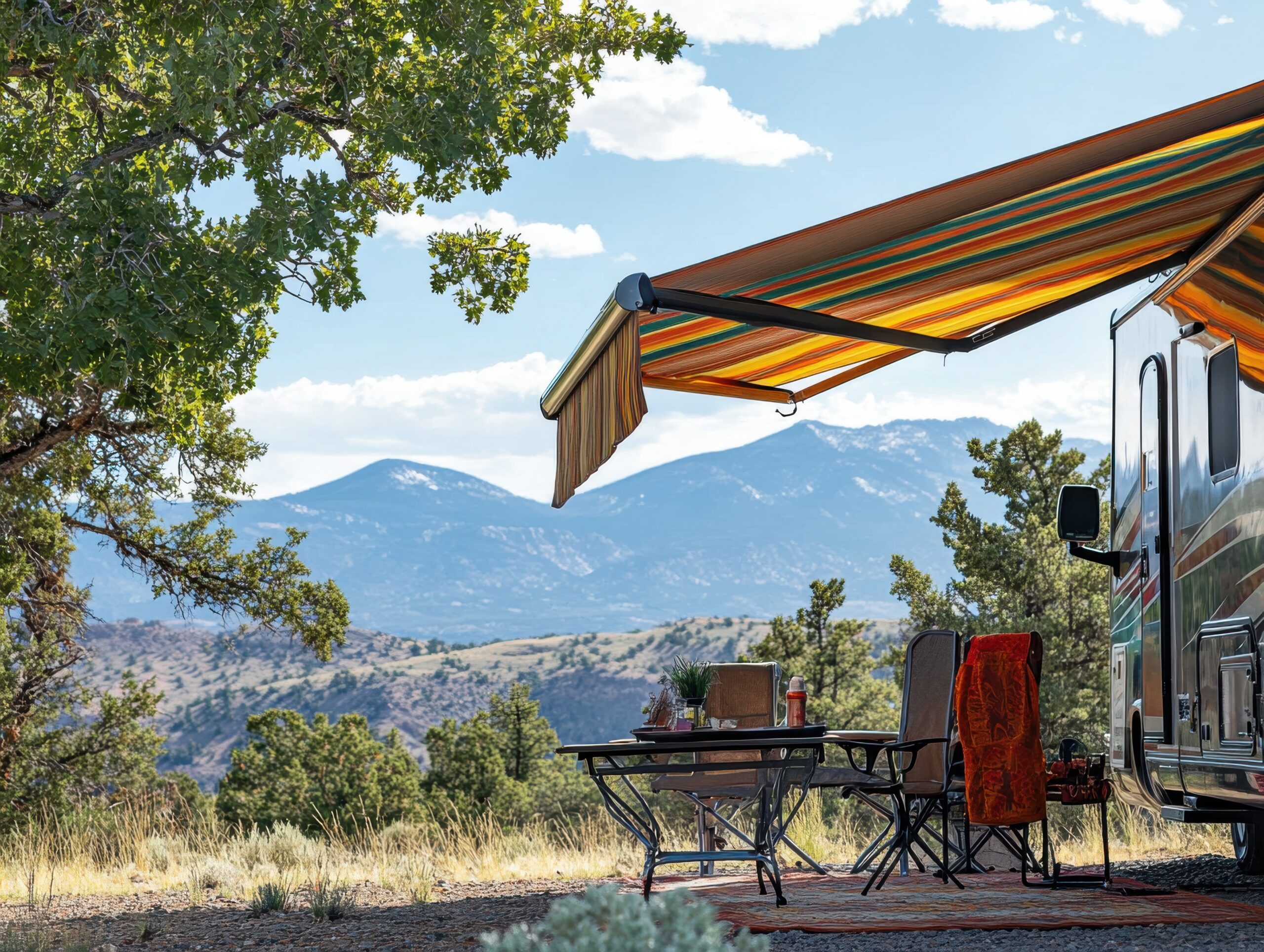 A cozy outdoor setup featuring a motorhome under a striped awning with mountains in the background on a sunny day